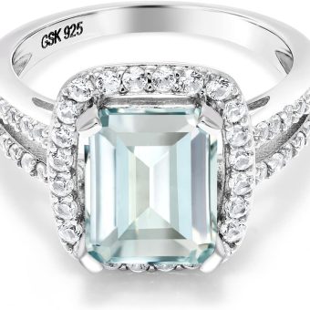 Gem Stone King 925 Sterling Silver Sky Blue Simulated Aquamarine Engagement Ring For Women (3.68 Cttw, Emerald Cut 10X8MM, Available In Size 5,6,7,8,9)