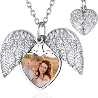 FindChic Personalized Heart Photo Angel Wings Locket Necklace Sterling Silver/Stainless Steel/18K Gold Plated Dainty Custom Full Color Picture Pendant Memorial Jewelry Gift for Girls Family + Gift Box