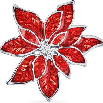 Large Statement Flower Holiday Party White Red Enamel Poinsettia Brooch Clip On Earrings Scarf Pin Jewelry Set For Women Silver Gold Plated