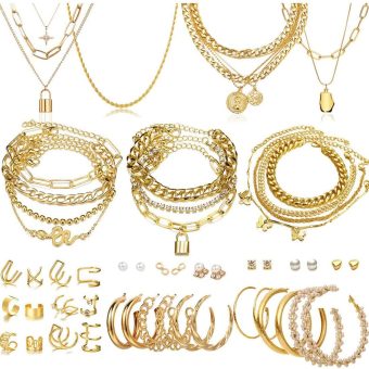 46 Pcs Gold Jewelry Set with 11Pcs Necklace, 11 Pcs anklet and 18 Pcs Earring Ear Cuff,6Hoop Earrings for Women Fashion Indie Costume Jewerly Pack for Friendship Party Gift