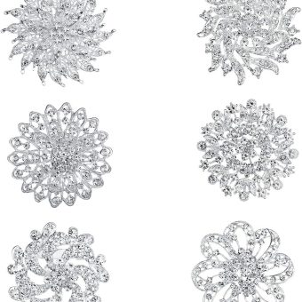 Lot 6pcs Crystal Rhinestones Flower Brooch Pin Set for DIY Wedding Bouquets Decoration