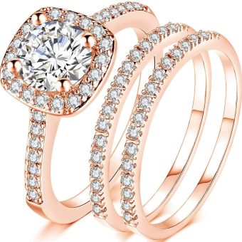 Jude Jewelers Silver Rose Gold Three-in-One Wedding Engagement Bridal Halo Ring Set