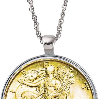 Gold Layered Silver Walking Liberty Half Dollar Coin Silvertone Pendant Necklace