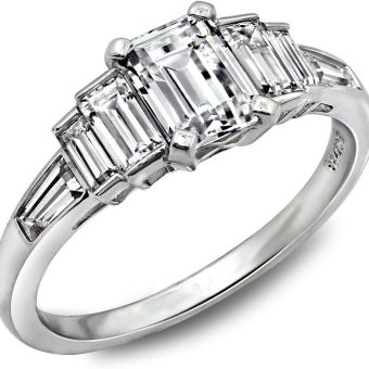 Platinum Plated Sterling Silver Cubic Zirconia Emerald Cut & Baguette Ring