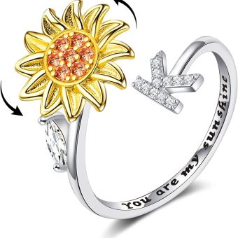 Fidget Rings for Anxiety for Women Sunflower Initial Letter Spinner Ring Open Adjustable Ring CZ Rings Daisy Stress Relieving Ring Jewelry Gift for Women Valentine's Day You are My Sunshine Ring