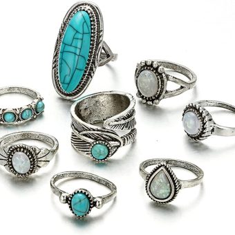 8pcs Colorful Gem Turquoise Opal Stackable Knuckle Ring Set for Women Vintage Bohemian Boho Jewelry