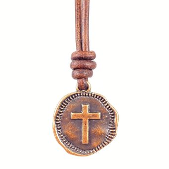 Cross Necklace Mens - Men Cross Coin, Religious Pendant, Medallion Necklaces, Christmas Gift, Catholic Pendant, Christian Charms, Women Gifts to Husband, Cute Crosses (Copper, Distressed Leather)