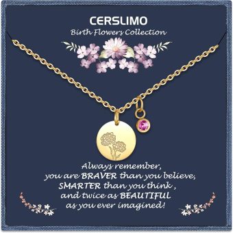 CERSLIMO Birthday Gifts for Her Birth Flower Necklaces, 18K Gold Plated Dainty Birth Month Floral Birthstone Disc Coin Pendant Necklaces | Women Wildflower Jewelry Gifts for Valentines Anniversary