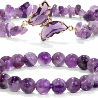 GolbalJew Amethyst Bracelet For Women Anxiety Amethyst Beaded Bracelets Butterfly Charms Healing Stone Layered Bracelet Gifts For Women