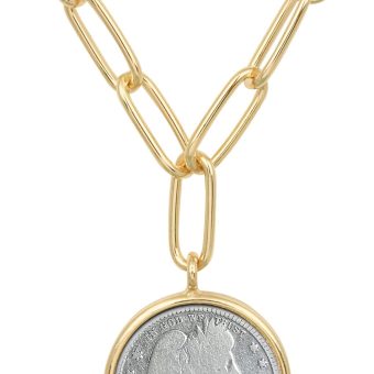 American Coin Treasures Pendant Barber Quarter Coin Necklace- 18 Inch Paper Clip Style Chain- Goldtone Round Bezel- Miss Liberty