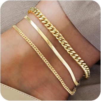 Plus Size Ankle Bracelets for Women - Extra Large 10"+2" Adjustable Anklet 14K Real Gold Plated Trendy Anklet with Strong Lobster Clasp Cuban Link, Figaro, Rope, Snake Herringbone - Summer Beach Waterproof Foot Jewelry