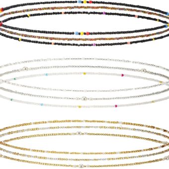 9 Packs Waist Bead Chains for Women Belly Beads Stretchy Waist Beads African Belly Chain Stomach Beads Body Bikini Jewelry (Clear, Black, Gold)