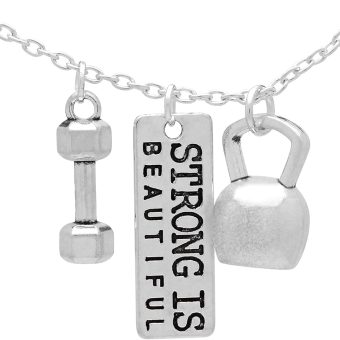 Art Attack Strong Is Beautiful Workout Gym Chain Necklace, Barbell Dumbbell Weight Exercise Victorious Brave Smart Wonderful Pendant Charm (Silver)