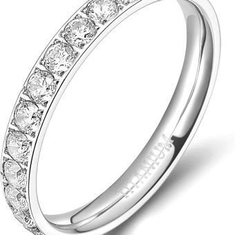 TIGRADE 3mm Women Titanium Engagement Ring Cubic Zirconia Eternity Wedding Band Size 3 to 13.5