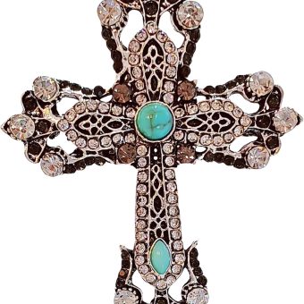 Victorian Vintage Turquoise Accent Silver Metal Filigree Cross Brooch Pin Religious Jewelry