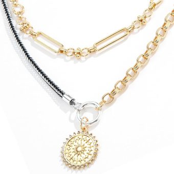 Double Layered Mixed Metal Necklaces For Women Paperclip Chain Choker Multilayer Coin Sun Medallion Pendant Necklace 18K Gold Filled jewelry gift