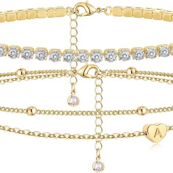 Initial Ankle Bracelets for Women, Dainty Gold Anklets for Women Layered Heart CZ Bead Initial Anklets 14K Gold Plated Ankle Bracelet Set Waterproof Summer Beach Jewelry for Women