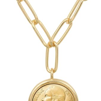 American Coin Treasures Pendant Marianne Coin Necklace- 18 Inch Paper Clip Style Chain- Goldtone Round Bezel- French 20 Centimes