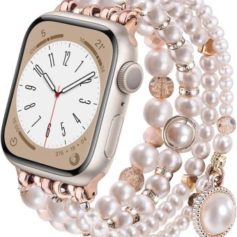 V-MORO Pearl Bracelet Compatible with Series 7/8/9/10 Apple Watch Bands 41mm/40mm/38mm/42mm Fashion Cute Bling Strap for iWatch Series 6/5/4/3/2/1/SE Stretcgt Jewelry Wristband for 5.5"-6.2" Wrist