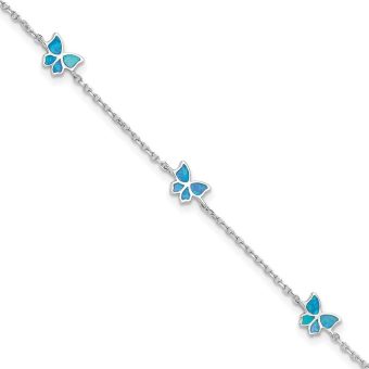 7mm 925 Sterling Silver Rhodium Plated Blue Created Opal Butterflies Plus .5in Extension Anklet Le 9 Inch Jewelry for Women