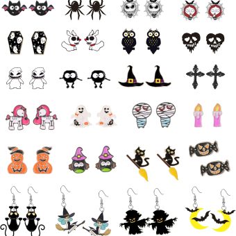 Aganippe 24 Pairs Halloween Earrings for Women Girls Stud Earring Sets Bat Cat Witch Ghost Spider Moon Pumpkin Halloween Drop Earrings