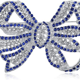 Bling Jewelry Victorian Vintage Style Winter Wedding Holiday Royal Blue White Glittering Crystal Pave Bridal Fashion Large Statement Filigree Ribbon Bow Scarf Brooch Pin for Women Silver Rose Plated