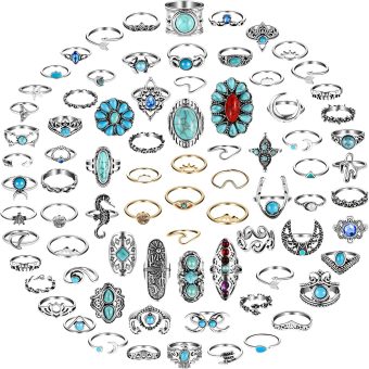 78 Pcs Vintage Turquoise Rings Set Women Western Rings Bohemian Silver Oval Gemstone Rings Boho Joint Knuckle Rings Midi Stacking Rings for Women