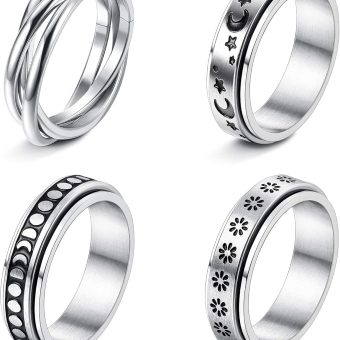 FUNRUN JEWELRY Stainless Steel Fidget Anxiety Ring for Women Men Fidget Spinner Rings Moon Star Celtic Stress Relieving Spinning Ring Wedding Band Rings Set,4-6Pcs