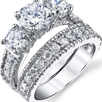 1.25 Carats Sterling Silver Past Present Future 2-Pc Bridal Set Cubic Zirconia Engagement Wedding Ring Band