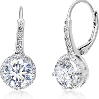 925 Sterling Silver Cubic Zirconia Halo Leverback Dangle Bridal Earrings for Women