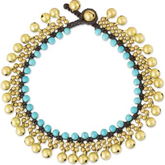 NOVICA Artisan Handmade Brass Calcite Anklet with Blue Jingling Bells Turquoise Gold Tone Brown Beaded Thailand Scuba [9.75 in min L x 10.5 in max L x 0.8 in W] ' Blue Bells'