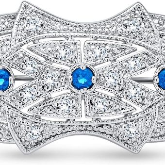 Bling Jewelry Art Deco Style Scarf Brooch Pin for Women Blue Clear CZ Simulated Sapphire Silver Plated Brass