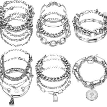 17IF 18-25 PCS(6 Pack) Boho Gold Bracelets Set for Women Stackable Chunky Dainty Bangles Adjustable Chain Flat Cuff Cuban Punk Charm Bundle Jewelry