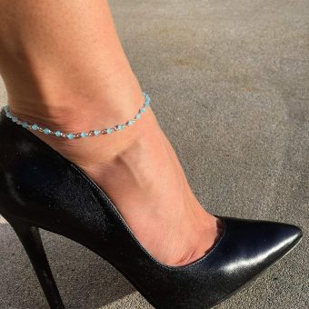 Sterling Silver Anklet Beaded with Blue Chalcedony Stones, 925 Silver Ankle Bracelet Delicate Beach Jewelry Something Blue Simple Boho Gift - Handcrafted in the USA.