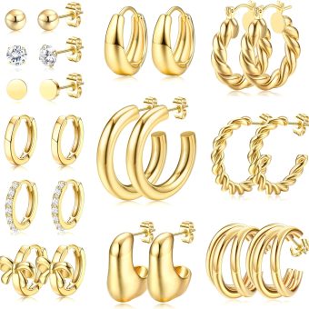 BESTEEL 12 Pairs Chunky Gold Hoop Earrings Set for Women Trendy Hypoallergenic 14K Gold Plated Thick Stainless Surgical Steel Stud Huggie Earring Stacks Pack Jewelry for Sensitive Ears