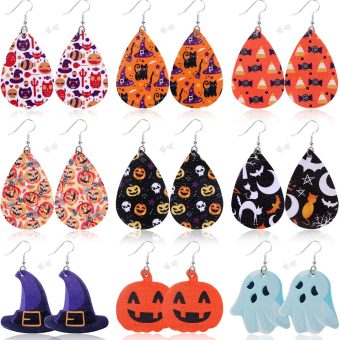 9 Pairs Halloween Faux Leather Earrings for Women Lightweight Leaf Long Dangle Earrings Teardrop Earrings