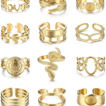 Besteel 18K Gold Plated Rings for Women, Stainless Steel Statement Rings Pack Stacking Boho Midi Rings Adjustable Open Ring Band Twisted Signet Rings Non Tarnish Gold Rings