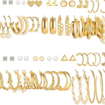 FAXHION 36 Pairs Gold Earrings Set for Women, Fashion Pearl Chain Link Stud Drop Dangle Earrings Multipack Hoop Earring Packs, Hypoallergenic Earrings for Birthday Party Jewelry