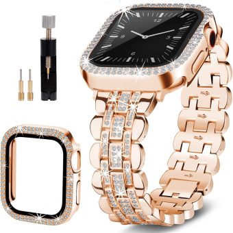 Bling Bands Compatible with Apple Watch Band 44mm for Women, Diamond Jewelry Replacement Metal Wristband Strap Shiny Bracelet with Crystal Protector Casefor iWatch Series 6/5/4/SE