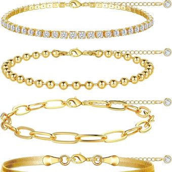 Staligue Ankle Bracelets for Women 14k Gold Plated Waterproof Anklets 6Pcs Adjustable Layered Cuban Link Chain Herringbone Beaded Anklets Set Summer Beach Jewelry Gift