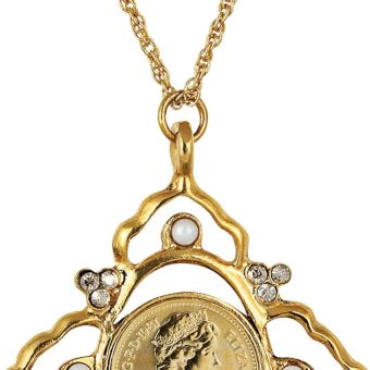 American Coin Treasures Pendant Necklace with Queen Elizabeth II 1/2 New Penny Great Britain Coin | Victorian Style Goldtone | 21 Inch Rope Chain with Lobster Claw Clasp | Certificate of Authenticity