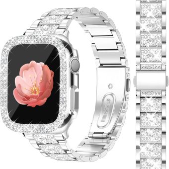 Bling Watch Bands with Bling Case for Women Compatible with Apple Watch Band 45mm Elegant Dressy Jewelry Replacement Metal Link Wristband Protector Cover for iWatch Series 9/8/7 Silver