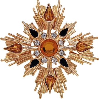 Gorgeous Gold Metallic Maltese Cross Brooch – Burst Style Jewelry with Brown Stone and Clear Crystals – Vintage Statement Pin