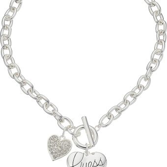 GUESS "Basic Silver Logo Heart and Pave Heart Toggle Pendant Necklace