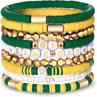 9 Pack Game Day Bracelets for Women Stackable Heishi Beaded Stretch Bracelet Football Sport Fan Bracelet Sports Game Team Jewelry Accessories Gifts