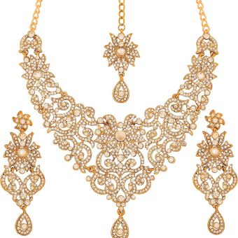 Touchstone Indian Jewelry Sets for Women Bollywood Wedding Bridal Necklace desi Earrings Formal Fancy Rhinestone India Designer Jewellery Punjabi Tikka Set in Antique Gold or Silver or White Tone