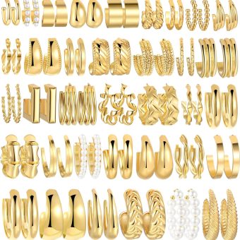 36 Pairs Gold Hoop Earrings Set for Women, Fashion Chunky Gold Hoop Earrings Multipack, Hypoallergenic Pearl Chain Twisted Statement Earring Pack for Birthday Party Jewelry