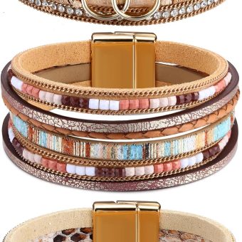 Sanfenly Leather Wrap Bracelets for Women,Boho Wrap Bracelets Leather Cuff Bangle Beads Bracelets Stackable Western Bracelets Jewelry for Women (Gold/Black/Gray/Turquoise)