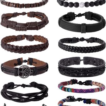 Tornito 15Pcs Braided Leather Bracelet Boho Cuff Wrap String Wood Bead Woven Ethnic Stretch Wristbands Bracelets Set for Men Women Size Adjustable