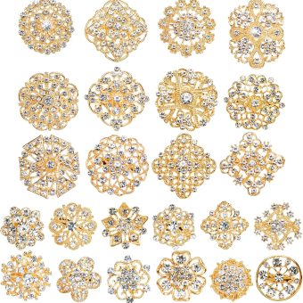 Hiceeden 24 Pieces Gold Crystal Brooches for Women, Rhinestone Brooches and Pins Flower Brooch for Crafts, Diamond Pins for Flower Wedding Bouquet Pins Set